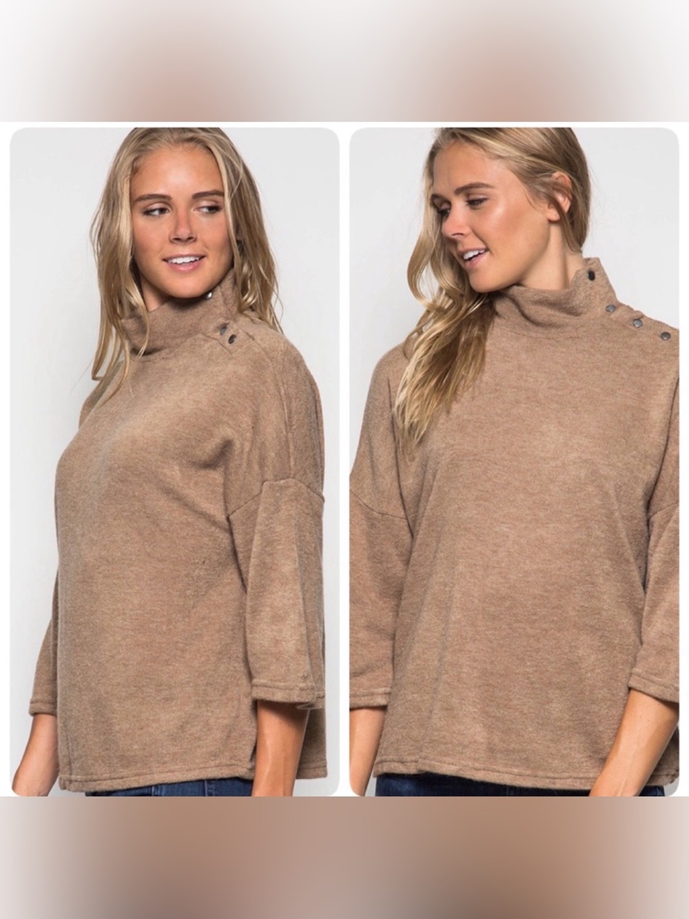 Tan Button Turtleneck Sweater